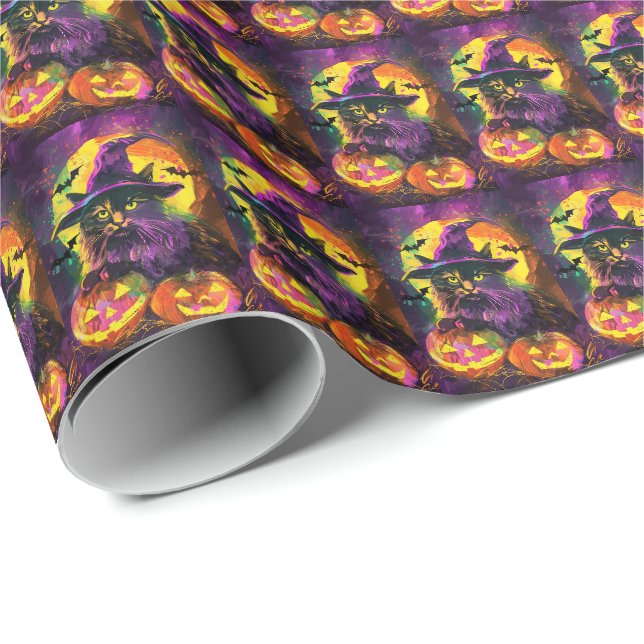 Papier Cadeau Chat angora turc effrayant Halloween Sorcière Citr (Coin rond)