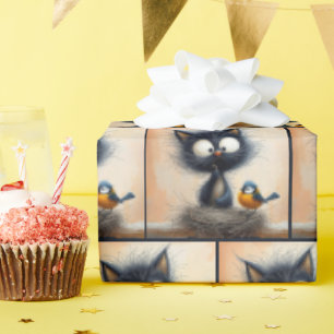 Papier Cadeau Chat aux yeux larges avec un ver pour un oiseau