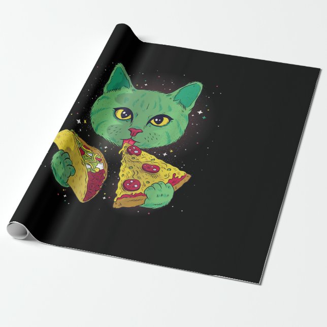 Papier Cadeau Chat Avec Pizza Slice Et Taco Dans L'Espace (Déroulé)