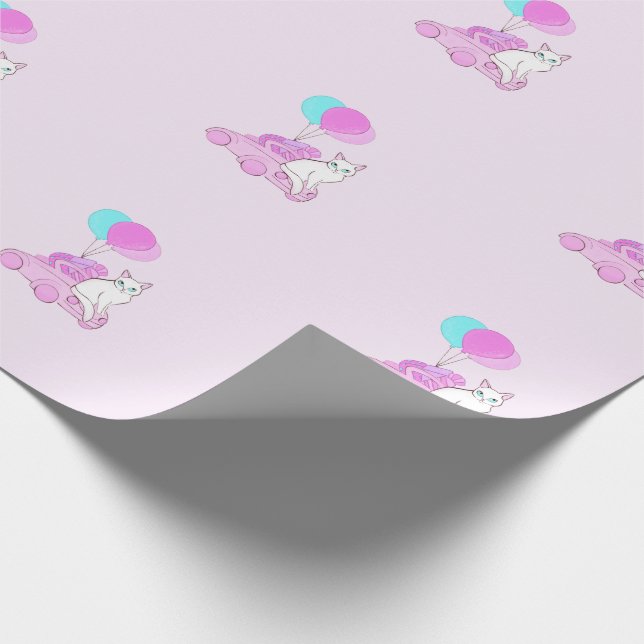 Papier Cadeau Chat avec voiture rose et ballons (Coin)