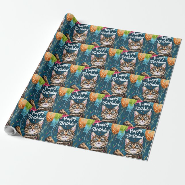 Papier Cadeau Chat Bengal avec Ballons (Déroulé)