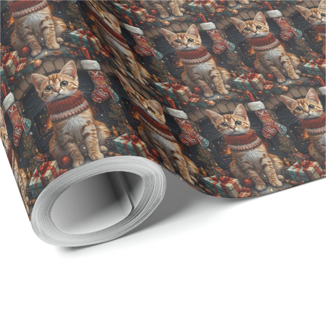 Papier Cadeau Chat Bengal avec des cadeaux de Noël Cheminée (Coin rond)