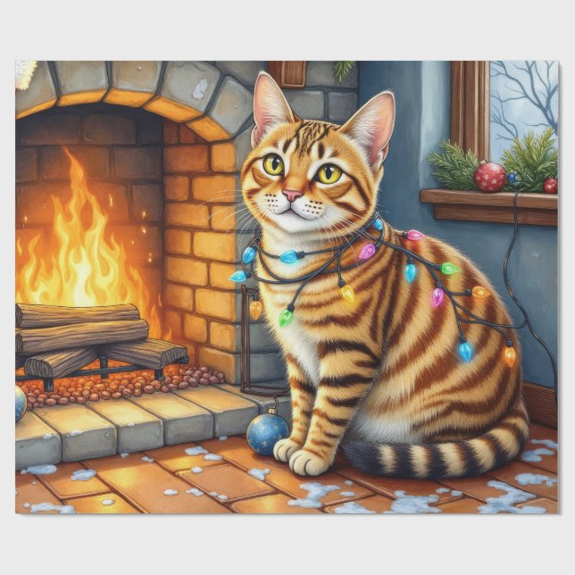 Papier Cadeau Chat Bengal devant une cheminée avec des lumières  (Plat)