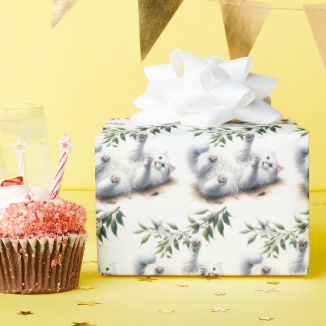 Papier Cadeau Chat blanc avec branche d'arbre (Fête d'anniversaire)