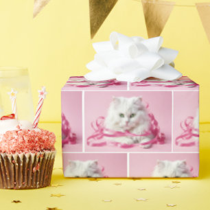 Papier Cadeau Chat blanc avec cabot rose