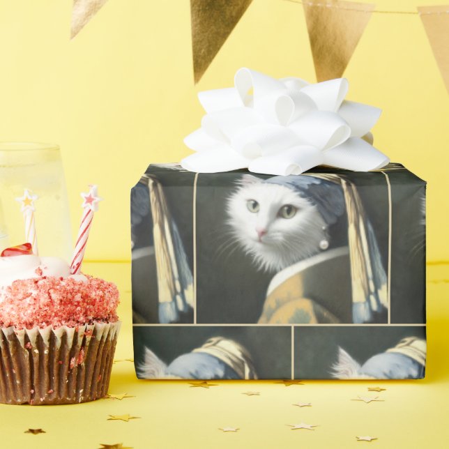 Papier Cadeau Chat blanc avec oreille perle (Fête d'anniversaire)