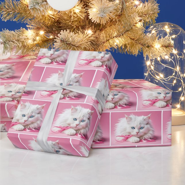 Papier Cadeau Chat Blanc Avec Rubans Roses (Vacances)