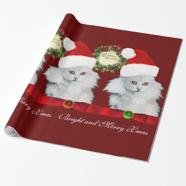 PAPIER CADEAU CHAT BLANC, CASQUETTE SANTA CLAUS ET COURONNES DE  (Déroulé)