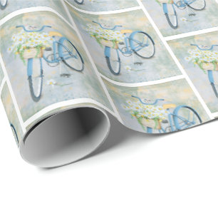Papier Cadeau chat blanc en fleurs sur la bicyclette
