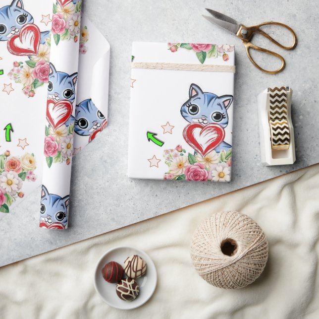 Papier Cadeau Chat Bleu Cœur Rouge Floral  (Artisanat)