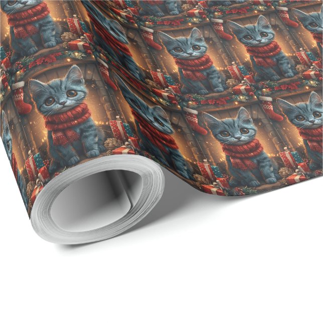 Papier Cadeau Chat Bleu Oriental Avec Cheminée De Cadeau De Noël (Coin rond)