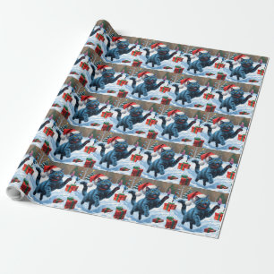 Papier Cadeau Chat Bleu Russe Courant dans la Neige avec un Chap