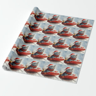 Papier Cadeau Chat bleu russe en traîneau Laissez neige Noël