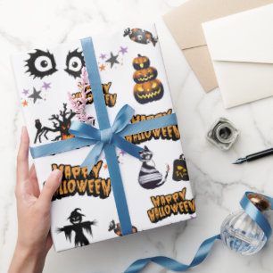 Papier Cadeau Chat Citrouille des yeux d'Halloween effrayante bl