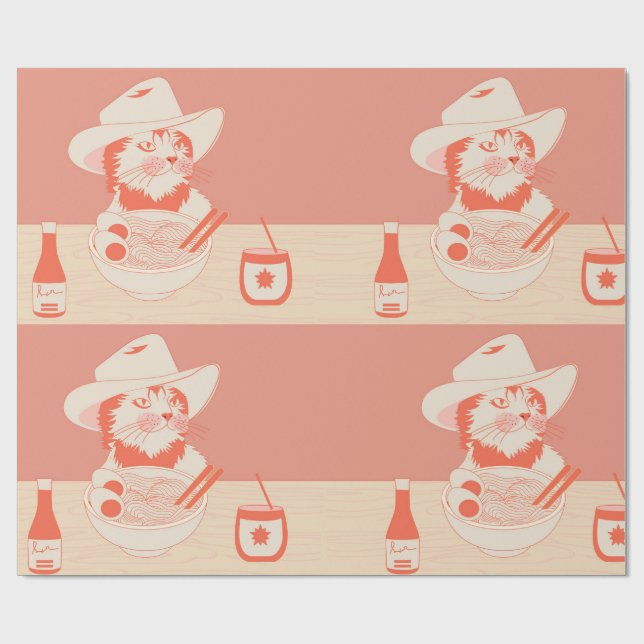 Papier Cadeau Chat cowboy mangeant des Ramen (Plat)