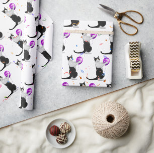 Papier Cadeau Chat d'anniversaire avec ballons et confetti