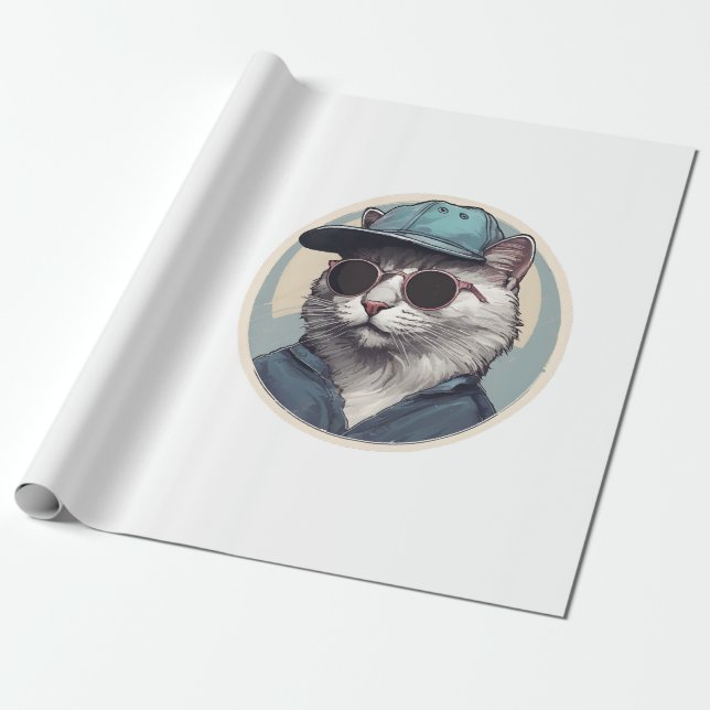 Papier Cadeau Chat de dessin animé avec lunettes de soleil (Déroulé)