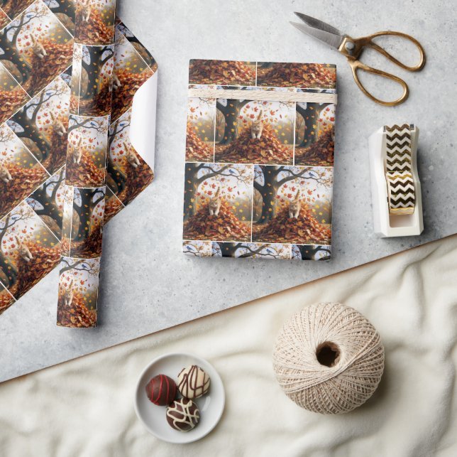 Papier Cadeau Chat de gingembre sautant de la feuille d'automne  (Artisanat)