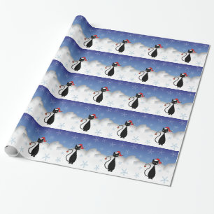 Papier Cadeau Chat de Noël avec des flocons de neige