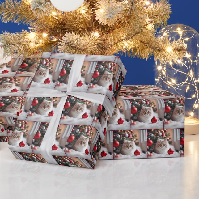 Papier Cadeau Chat de Noël Avec Ornement Rouge (Vacances)