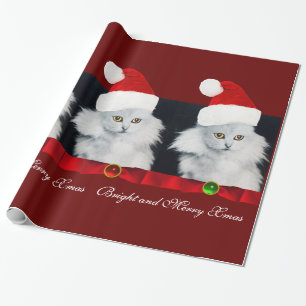 PAPIER CADEAU CHAT DE NOËL BLANC, CASQUETTE SANTA CLAUS ET RIBBO