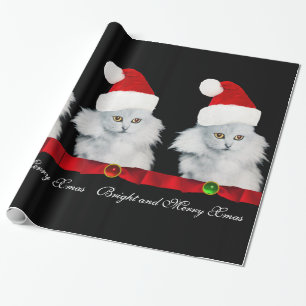 PAPIER CADEAU CHAT DE NOËL BLANC, CHAPEAU DU PÈRE NOËL ET RUBAN