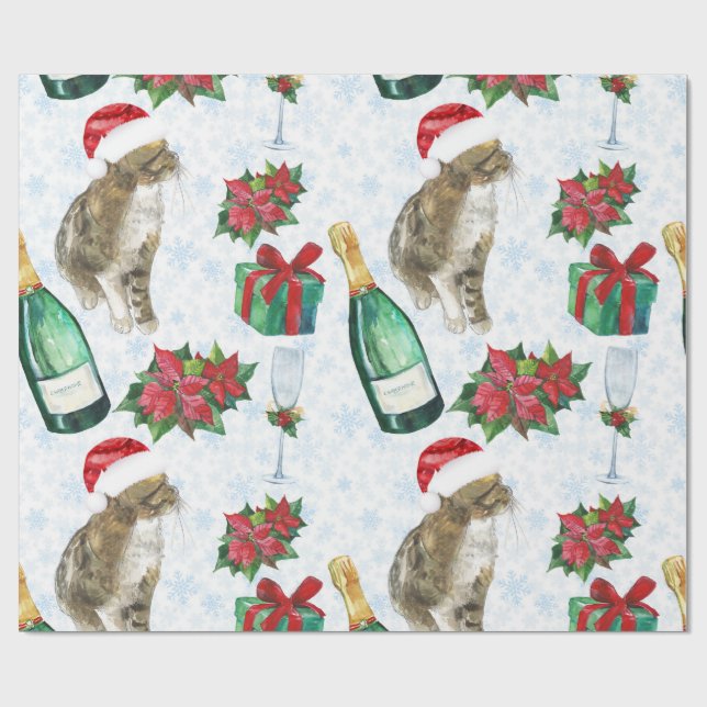 Papier Cadeau Chat de Noël Célébration d'Hiver (Plat)