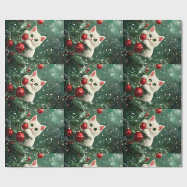 Papier Cadeau Chat de Noël grimpant un arbre de Noël (Plat)