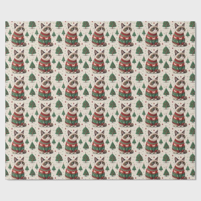 Papier Cadeau Chat de Noël grincheux en pull moche (Plat)