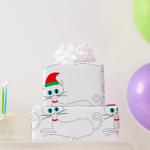 Papier Cadeau Chat de Noël portant un chapeau de Père Noël
