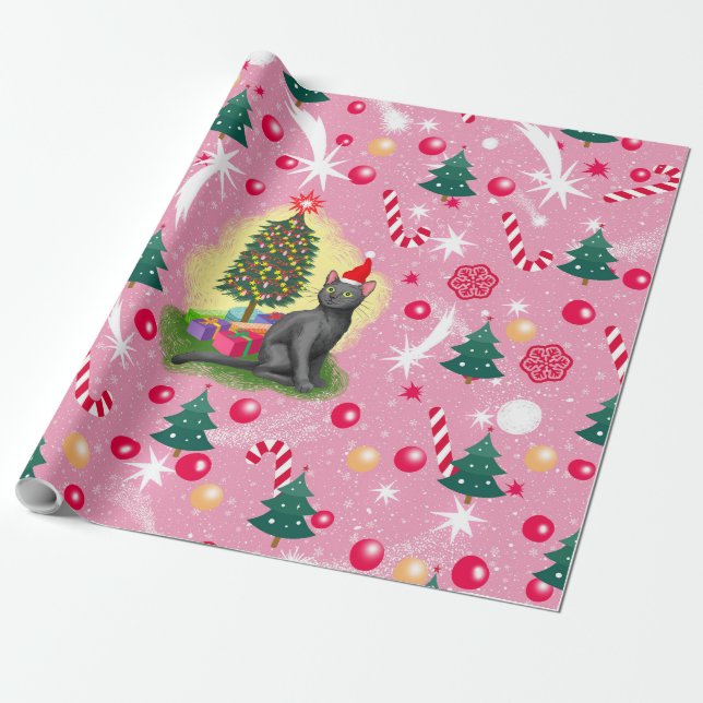 Papier Cadeau Chat de Noël rose (Déroulé)