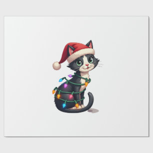 Papier Cadeau Chat de Noël Smoking chat noir Noël lumières minou