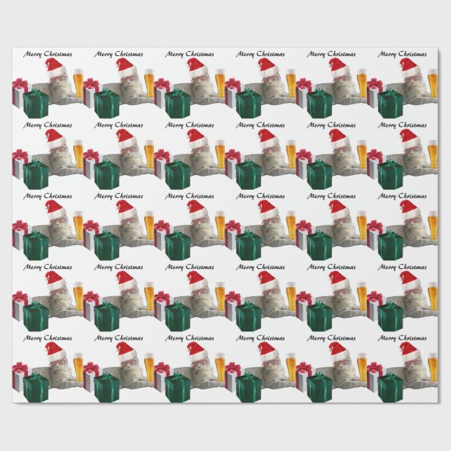 Papier Cadeau Chat de Père Noël de Noël branché avec bière (Plat)