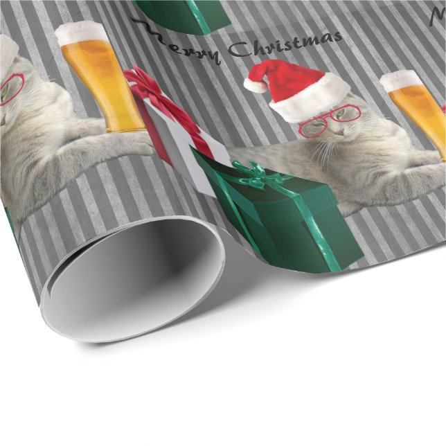 Papier Cadeau Chat de Père Noël de Noël branché avec bière (Coin rond)