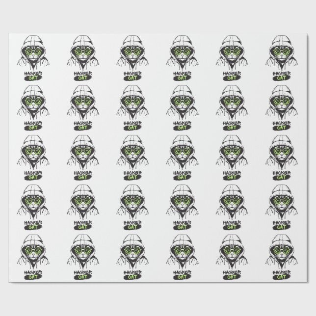 Papier Cadeau Chat de pirate cyber joueur codeur drôle tech (Plat)