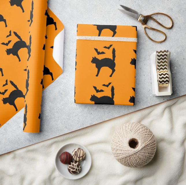 Papier Cadeau Chat d'Halloween effrayé et silhouette de chauves- (Artisanat)
