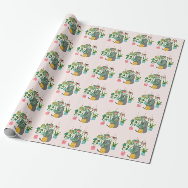 Papier Cadeau Chat Drôle Entre Les Plantes (Déroulé)