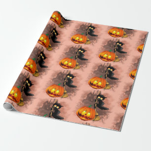 Papier Cadeau Chat effrayé par Citrouille Fun Halloween caractèr