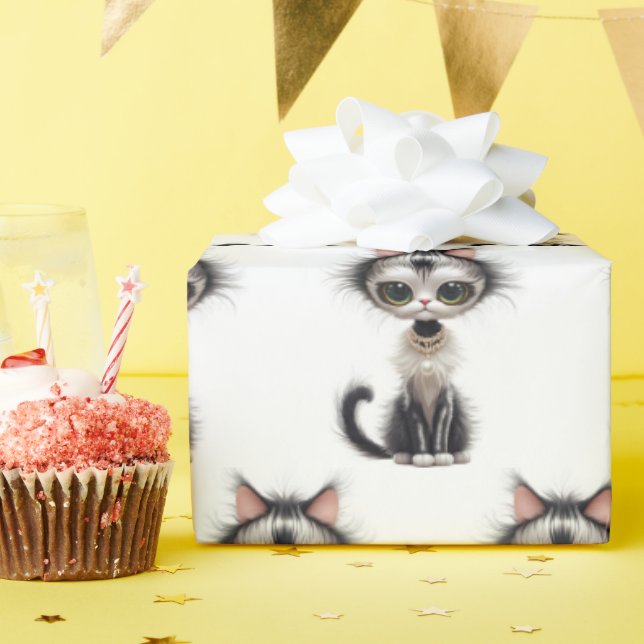 Papier Cadeau Chat En Dessin Avec Collier En Perle (Fête d'anniversaire)