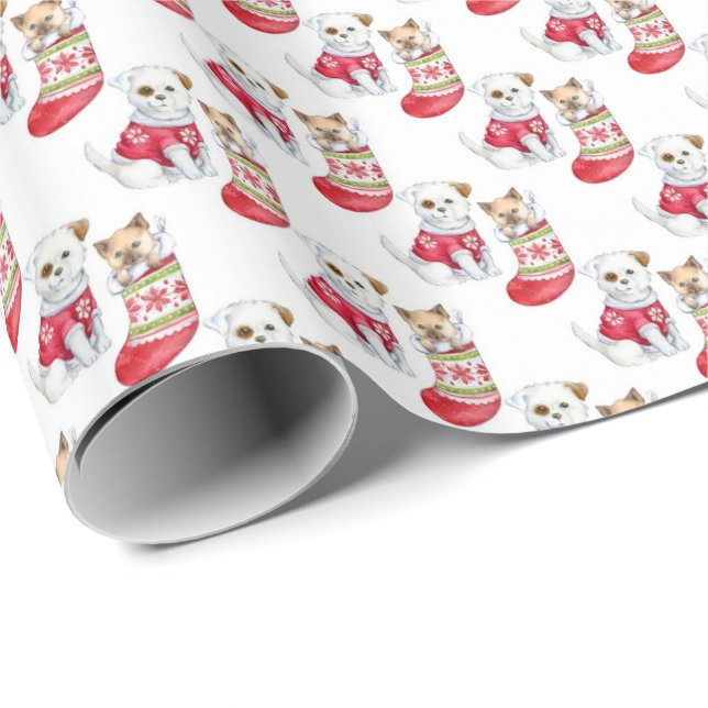 Papier Cadeau Chat et chien en bas de Noël (Coin rond)
