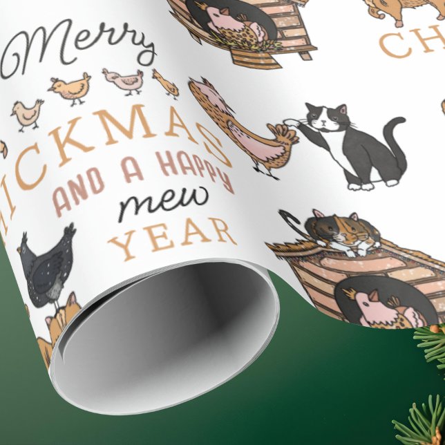 Papier Cadeau Chat et poulet personnalisés Noël drôle (Créateur téléchargé)