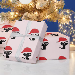 Papier Cadeau Chat Festif avec un Motif moderne du Père Noël Rou