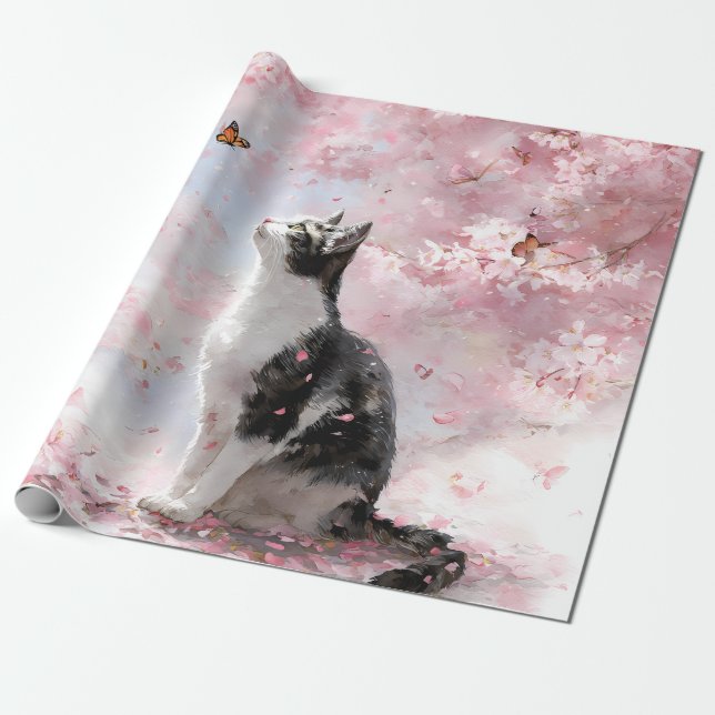 Papier Cadeau Chat Fleur de Cerisier et Papillons (1) (Déroulé)