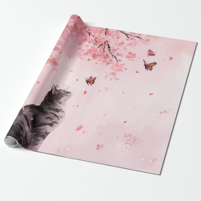 Papier Cadeau Chat Fleur de Cerisier et Papillons (12) (Déroulé)