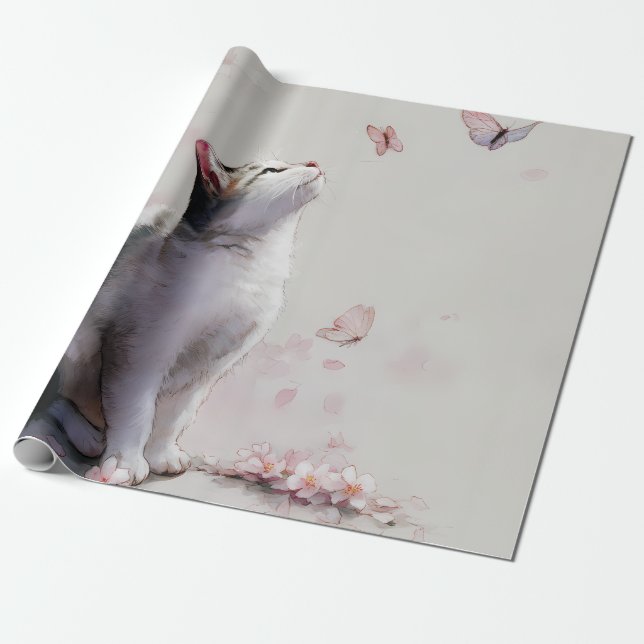 Papier Cadeau Chat Fleur de Cerisier et Papillons (13) (Déroulé)