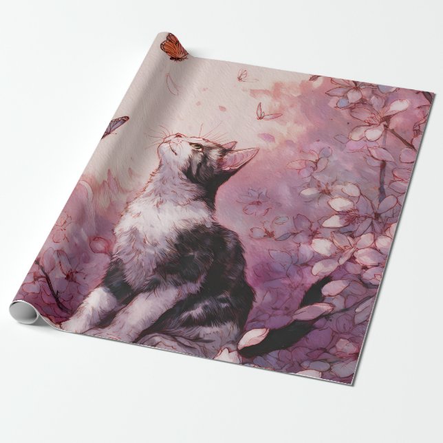 Papier Cadeau Chat Fleur de Cerisier et Papillons (2) (Déroulé)