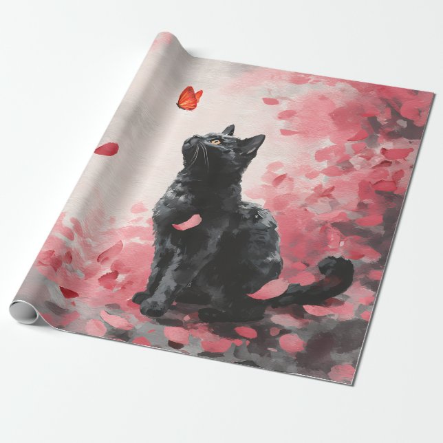 Papier Cadeau Chat Fleur de Cerisier et Papillons (3) (Déroulé)