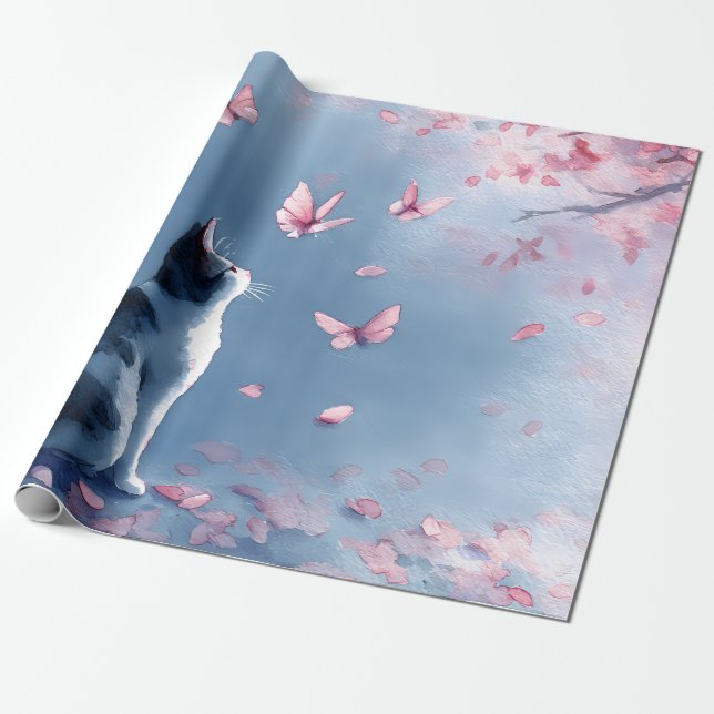Papier Cadeau Chat Fleur de Cerisier et Papillons (4) (Déroulé)
