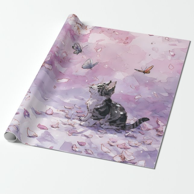 Papier Cadeau Chat Fleur de Cerisier et Papillons (5) (Déroulé)