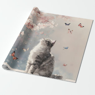 Papier Cadeau Chat Fleur de Cerisier et Papillons (6)